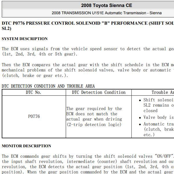 2008年丰田塞纳P0776故障码资料