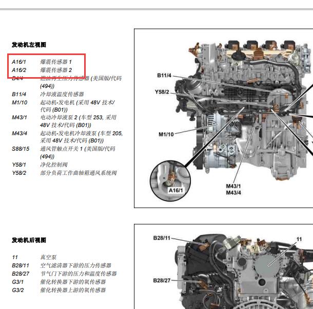 2020年奔驰GLC260 264发动机爆震传感器位置