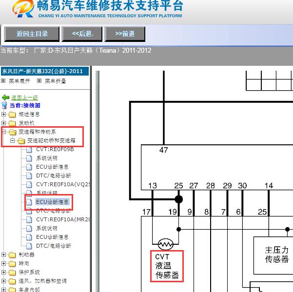 2011年日产天籁变速箱温度传感器电路图