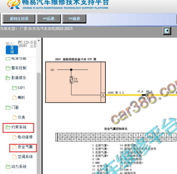 2023年东风风神奕炫安全气囊电路图及针脚