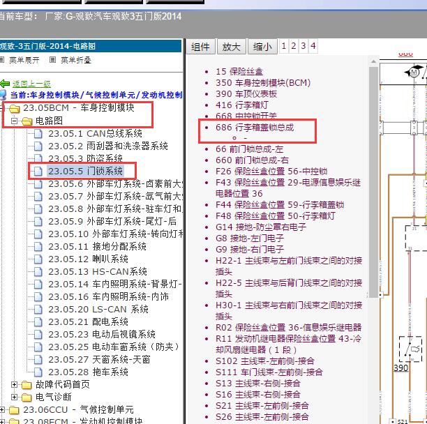 2014年观致汽车观致3五门版行李箱锁电路图