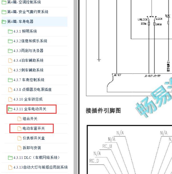 2018-2019年长安欧尚X70A 车窗开关电路图和针脚.