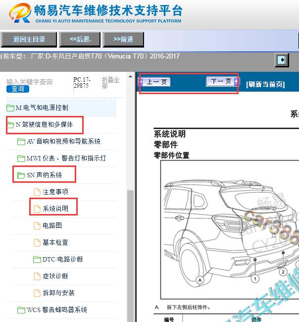 2016-2017年日产启辰T70倒车雷达部件位置