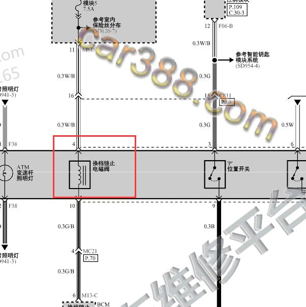 2013-2014年北京现代IX35 6AT变速箱换挡锁止电磁阀电路图