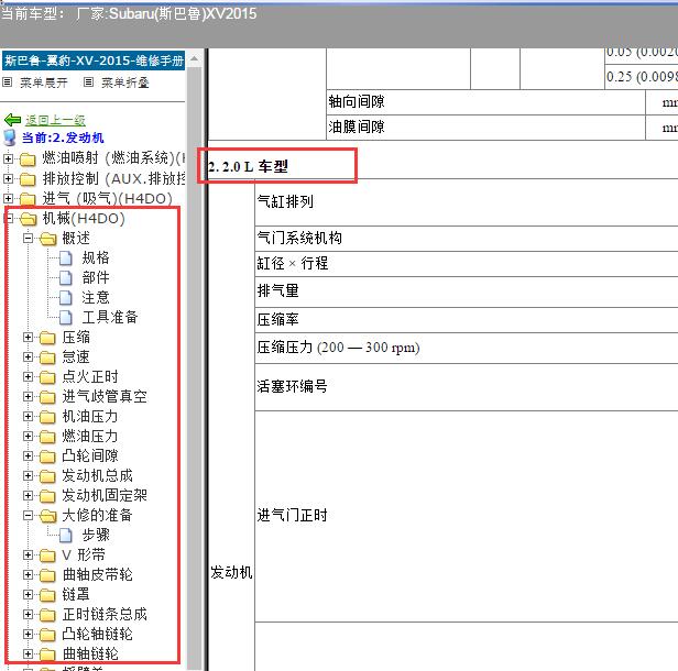 2015年斯巴鲁XV FB20发动机大修数据
