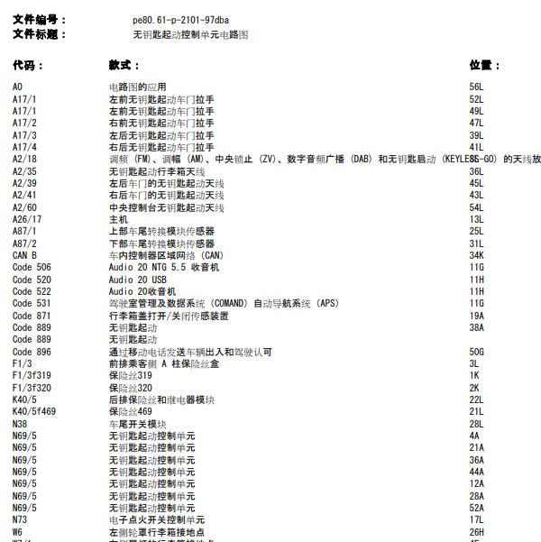 2019年奔驰E300 无钥匙系统电路图