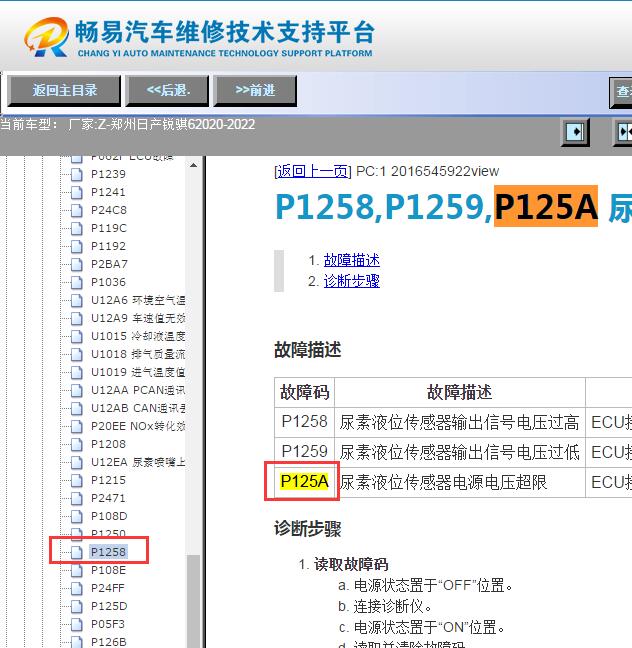 2020-2022年郑州日产锐骐6 发动机P125A故障码资料