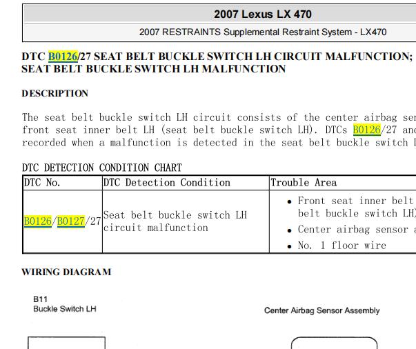 2007年雷克萨斯LX470安全气囊B0126故障码资料