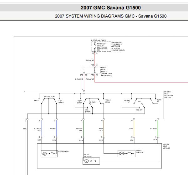 2007年GMC SAVANA电动座椅电路图和保险丝资料