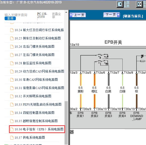 2018年北京汽车BJ40手刹电路图