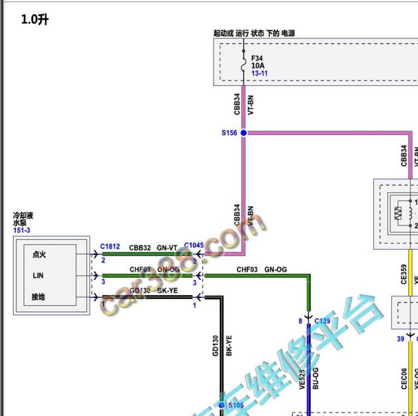 2017年福特福克斯1.0发动机水泵电路图