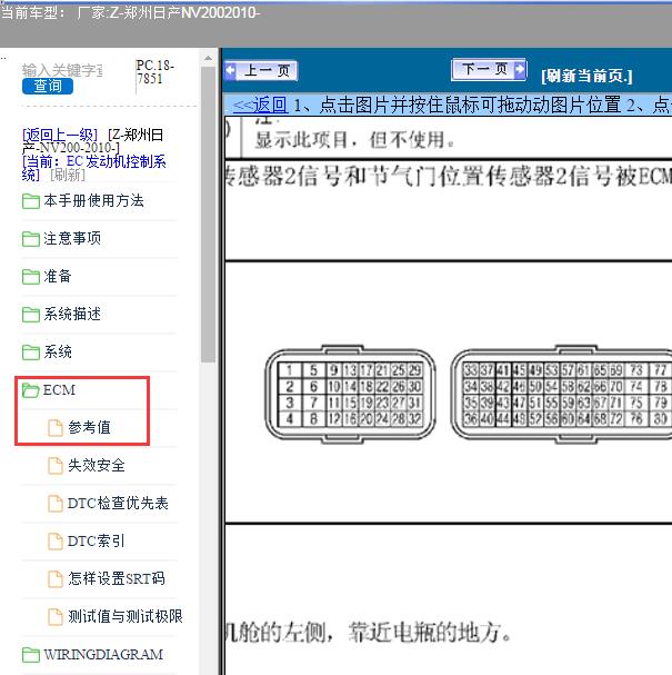 2010年郑州日产NV200发动机电脑针脚图