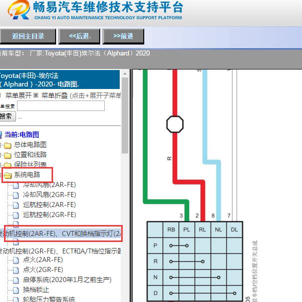 2020年丰田埃尔法换挡开关电路图
