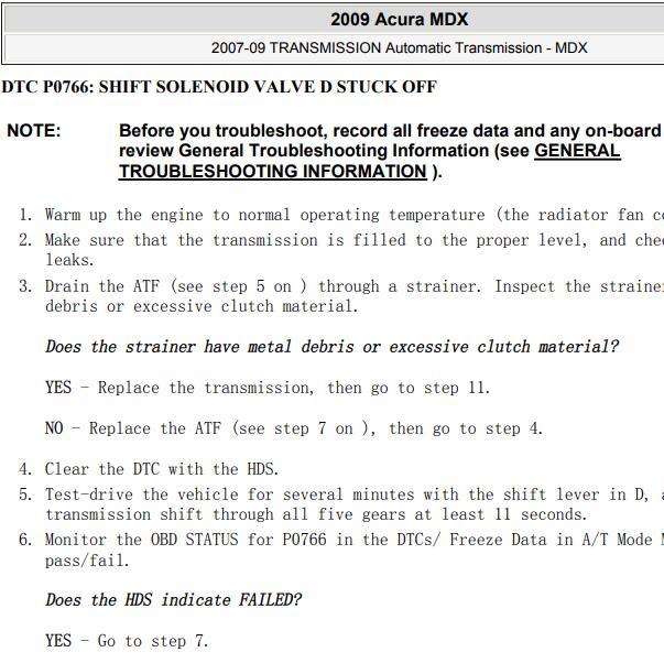 2009年本田讴歌MDX P0766故障码资料.