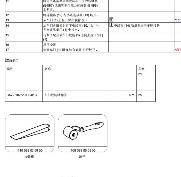 2007年奔驰CL500车门拆装扭矩