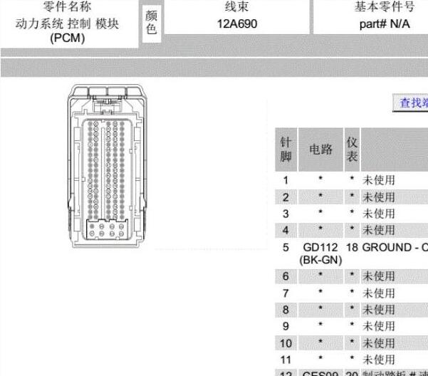2015年长安福特福睿斯发动机针脚资料