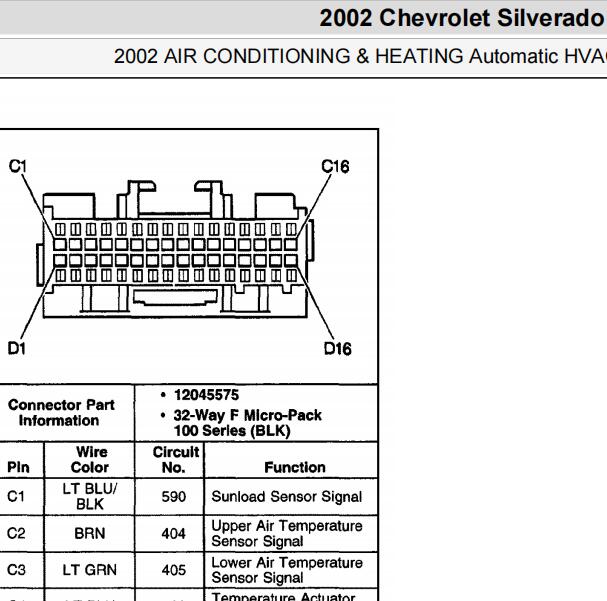 2002年雪佛兰Silverado空调针脚定义
