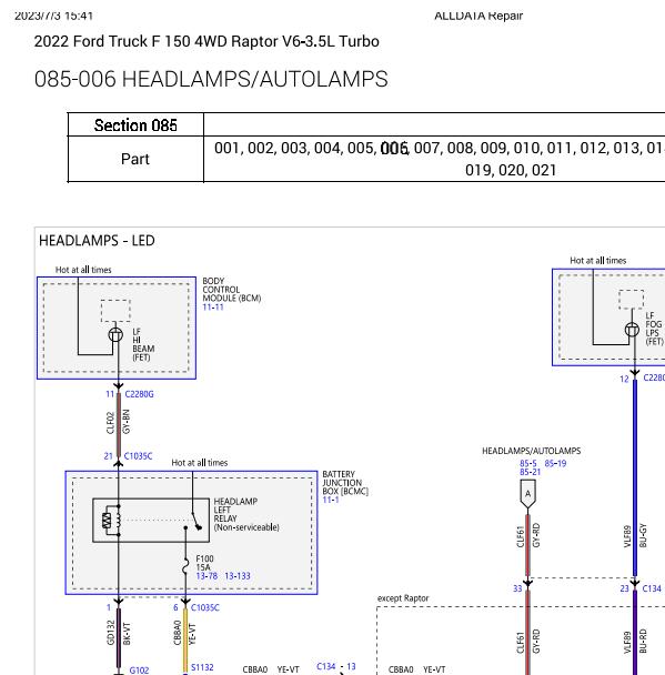2022年福特猛禽F150 大灯电路图