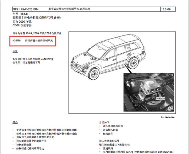 2009年奔驰GL550折叠式后排长座椅控制单元位置