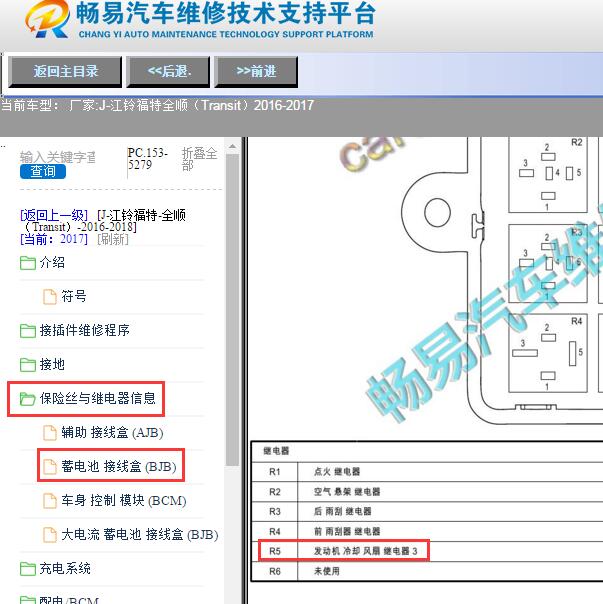 2017年江铃福特全顺冷却风扇继电器位置