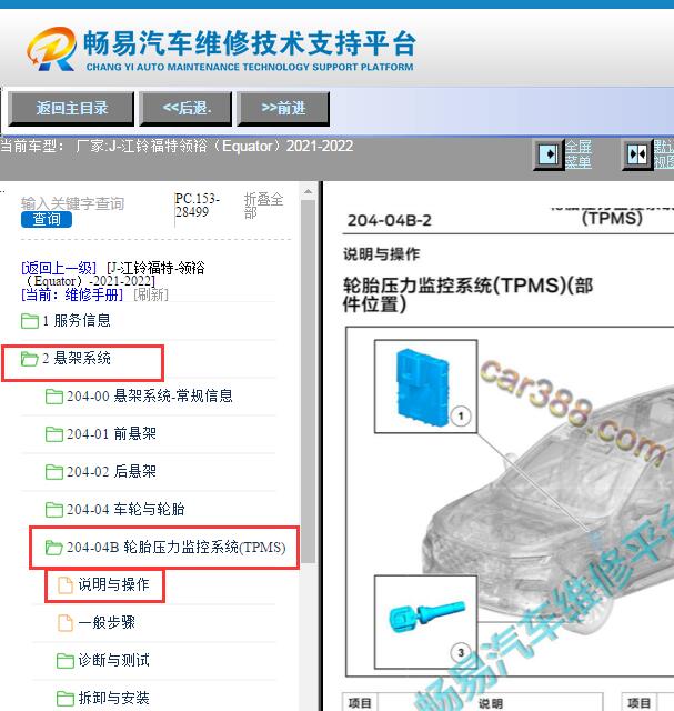2021-2022年江铃福特领裕胎压监测系统部件位置