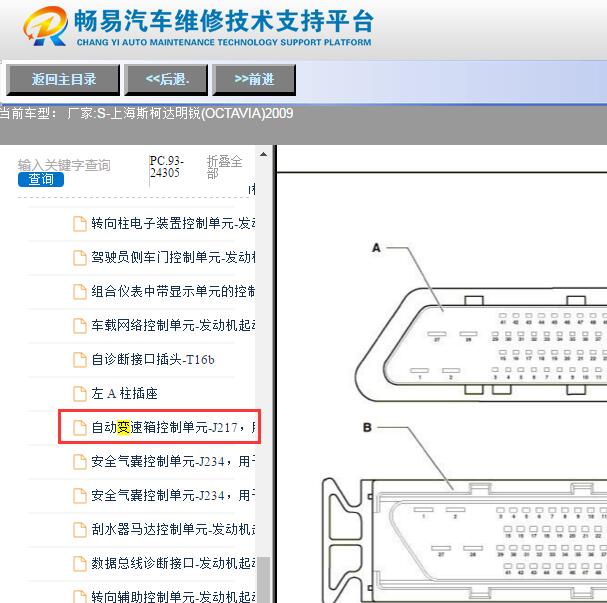2009年斯柯达明锐变速箱换挡模块针脚定义