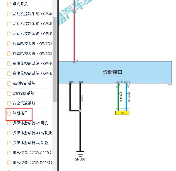 2019-2020年长城风骏7诊断接口电路图