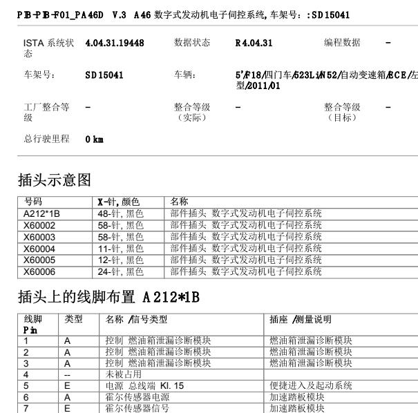 2011年宝马523LI发动机针脚定义