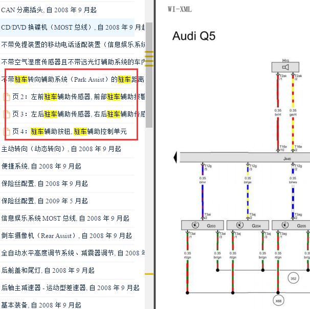 2011-2012年奥迪Q5倒车雷达电路图