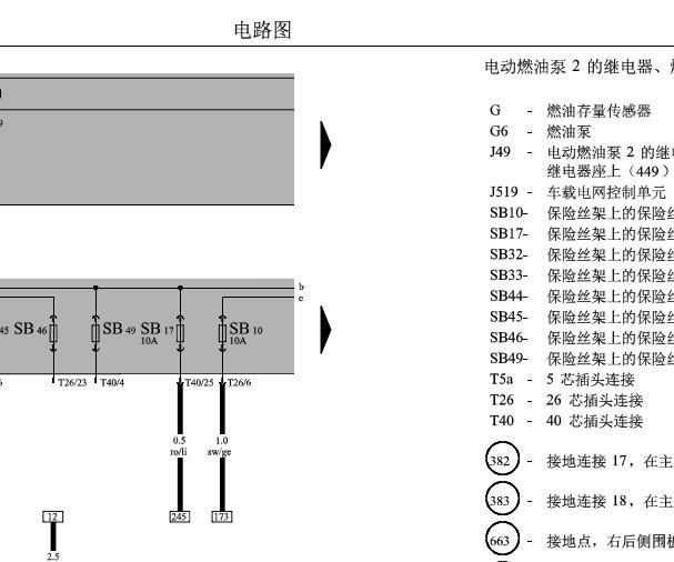 2005年大众开迪燃油泵电路图和保险丝继电器位置