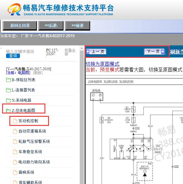 2017-2019年一汽奔腾X40发动机电路图
