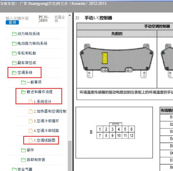 2013年双龙柯兰多空调电路图及针脚