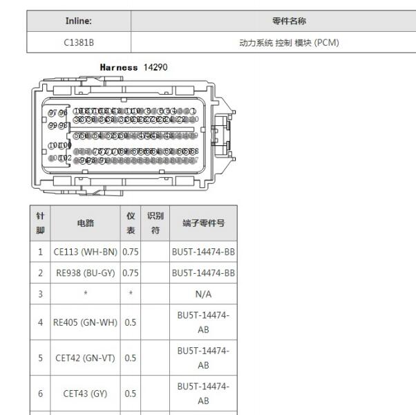 2019年福特福克斯1.0发动机针脚