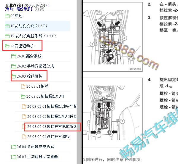 2016-2017年北汽威旺S50换挡拉索维修手册