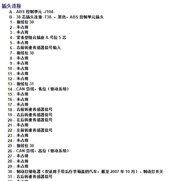 2009年大众POLO ABS针脚定义