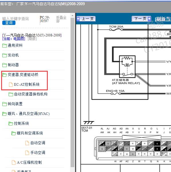 2008-2009年一汽马自达-马自达5(M5) 变速箱线路图及针脚图