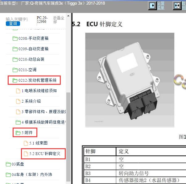 2018年奇瑞汽车瑞虎3x发动机电脑针脚资料
