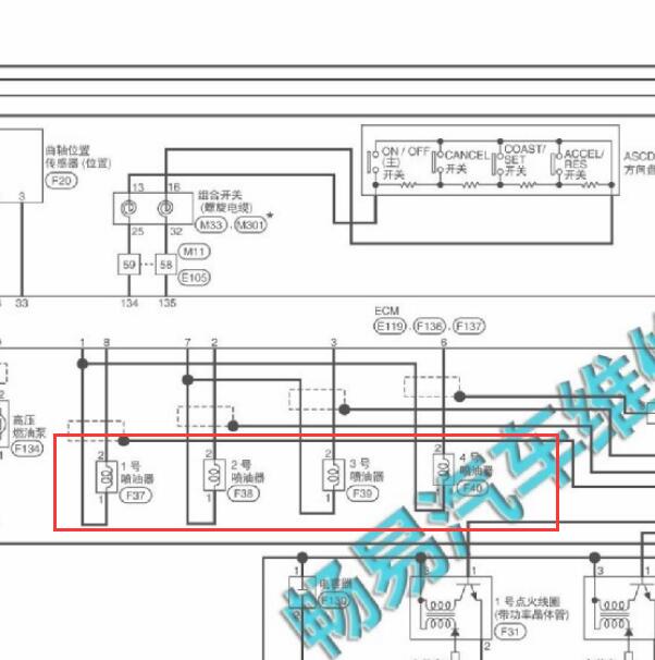 2016年日产轩逸MR20发动机喷油嘴电路图