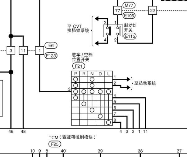 2008年日产逍客变速箱档位电路图