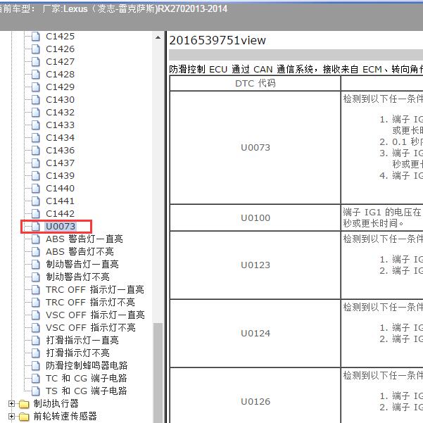 2013-2014年Lexus（凌志-雷克萨斯)-RX270 U0073故障码资料