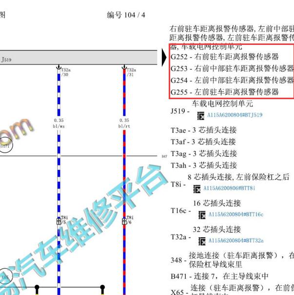 2017-2018年奥迪A6 前雷达电路图.