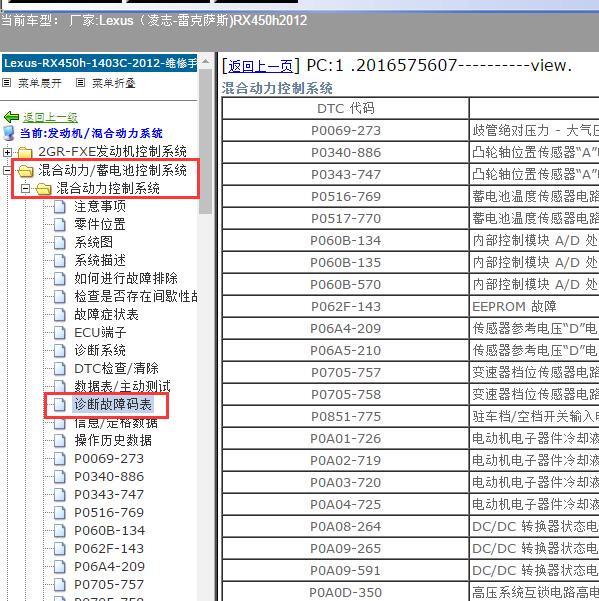 2012年Lexus（凌志-雷克萨斯)-RX450h 混动系统故障码表