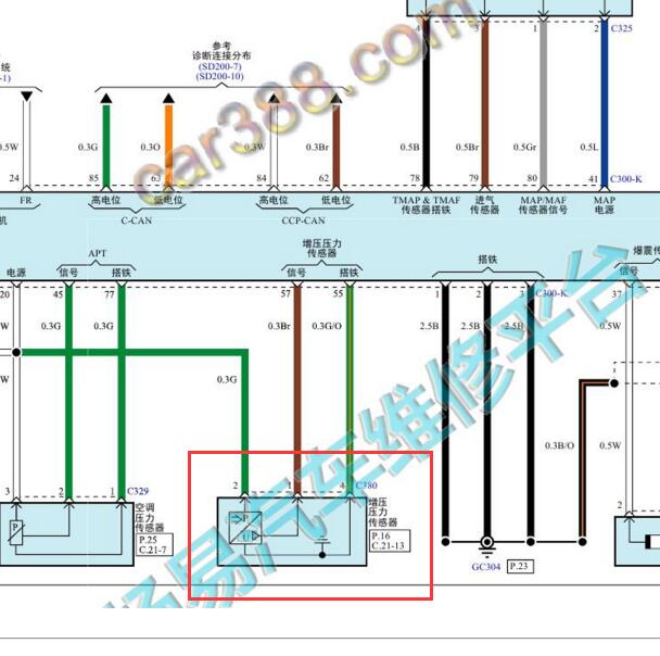 2015-2016年现代途胜1.6发动机增压压力传感器电路图