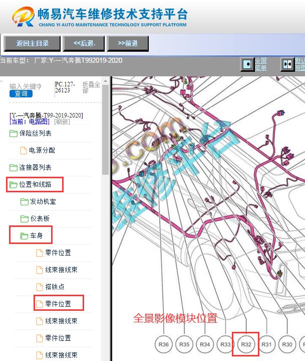 2019-2020年一汽奔腾T99全景影像模块位置