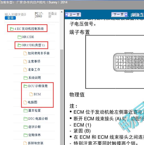 2014年日产阳光HR15发动机电路图针脚定义