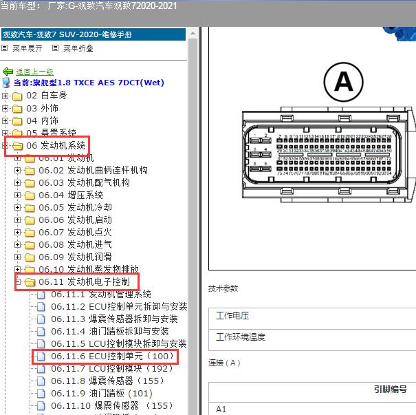 2020年观致汽车观致7 CE18发动机电脑针脚
