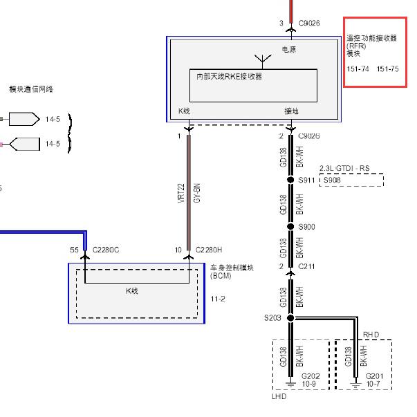 2015-2016年福特福克斯智能钥匙接收盒电路图