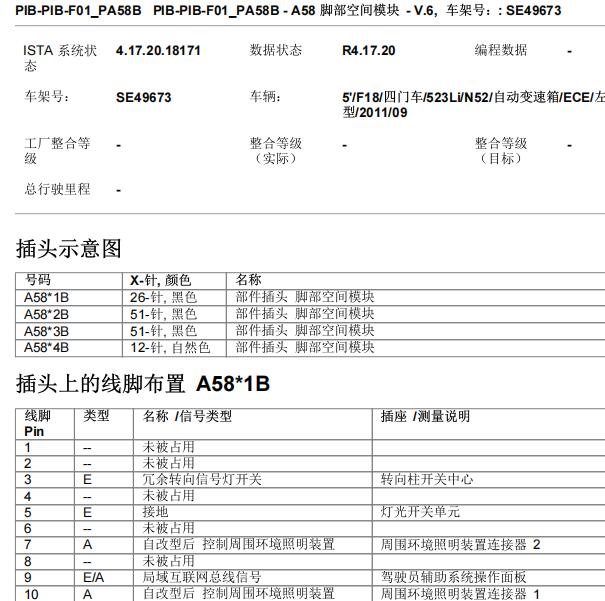 2011年宝马523Li脚部空间模块针脚定义
