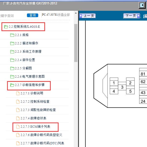 2011-2012年吉利汽车-全球鹰 GX7 发动机针脚