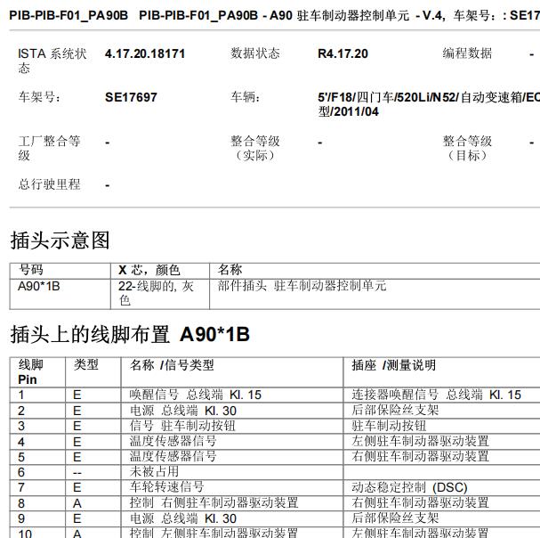 2011年宝马520Li驻车制动模块针脚资料